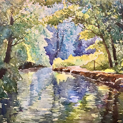 barry herniman canal watercolour painting in blue greens with earthy bank