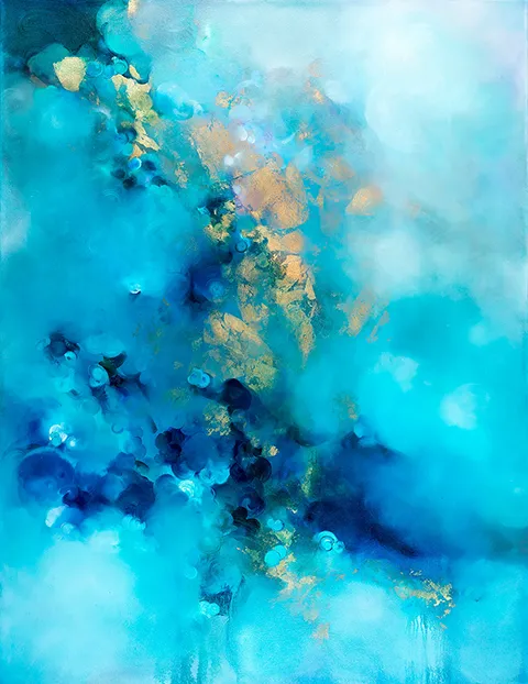 charlotte aiken turquoise and dark blue abstracted cloudscape with gold leaf - luminance