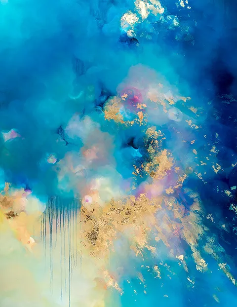charlotte aiken turquoise, dark blue with touches of pink abstracted cloudscape with gold leaf - radiance