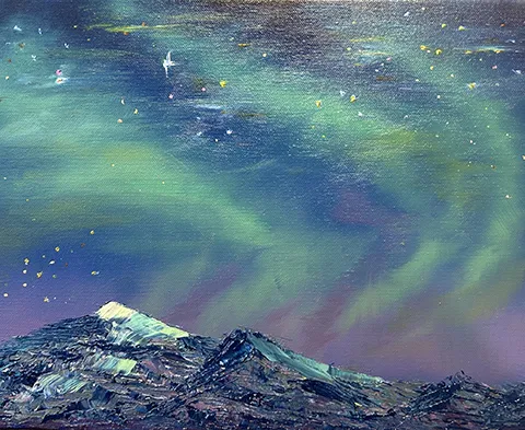 David Johnson workshop - student's aurora painting with three mountain peaks