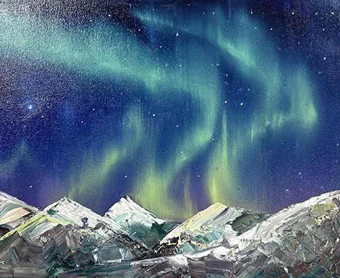 David Johnson workshop - student's aurora painting with multiple snowy mountain peaks