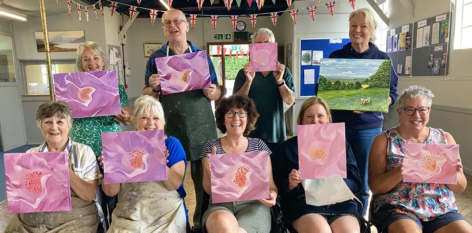 David DJ Johnson flower painting workshop group showing pink flower paintings