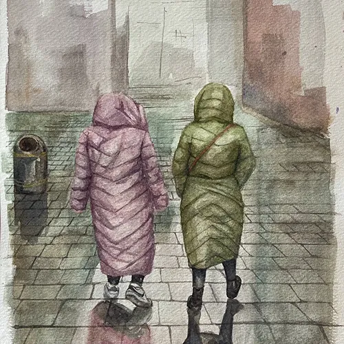 echo murdoch-parker artist watercolour of 2 people walking in long puffer jackets