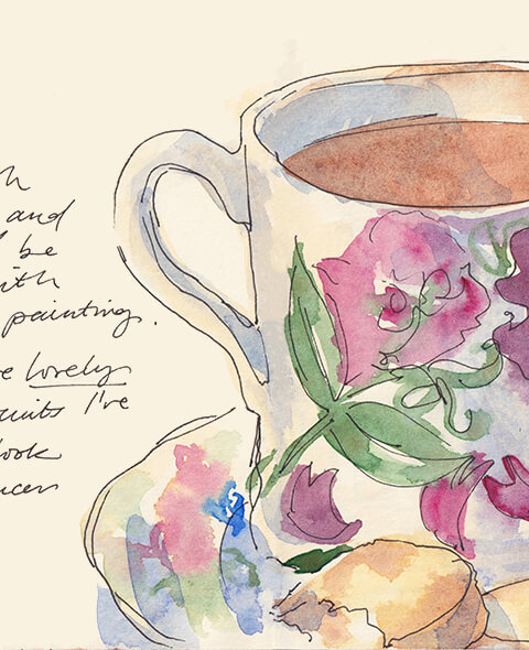 emma leyfield watercolour sketch of floral mug and shortbread with writing