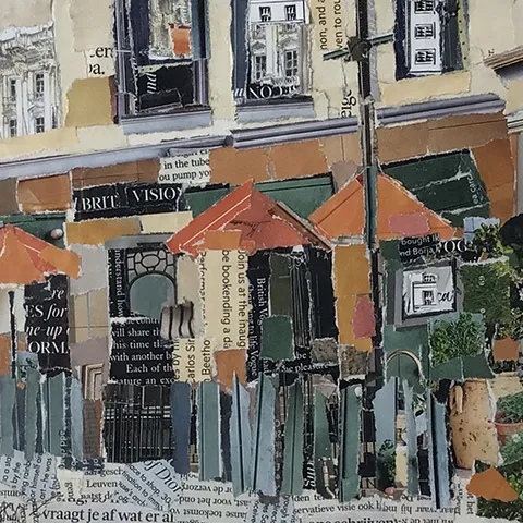 Helen Norman Collage mediterranean cafe with orange parasols