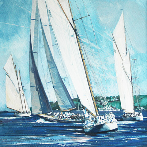 John Scott Martin - watercolour painting of sailing boats on waves - autumn afternoon St Tropez