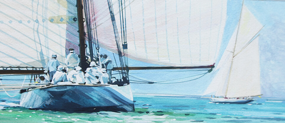 John Scott Martin - watercolour painting of sailing boat on calm sea - noon day calm slack water