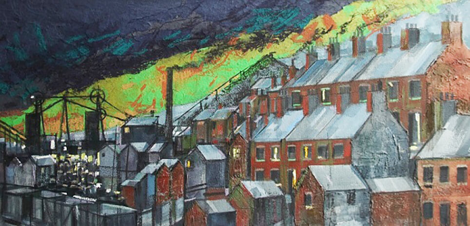 John Scott Martin - Pit Village Eventide - mixed media townscape - terrace houses with smokey chimneys, mountains and pit mine