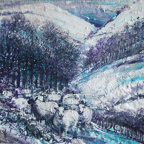 John Scott Martin - mixed media landscape with snowy hills and sheep in foreground