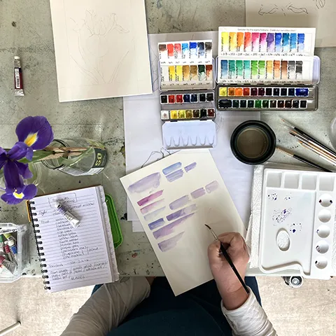 Karen Green watercolour  workshop with irises in vase and student painting bird's eye view