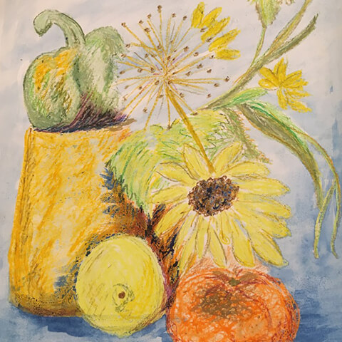 Liz Lancashire start with art drawing class - helens picture still life vase, flowers and veg