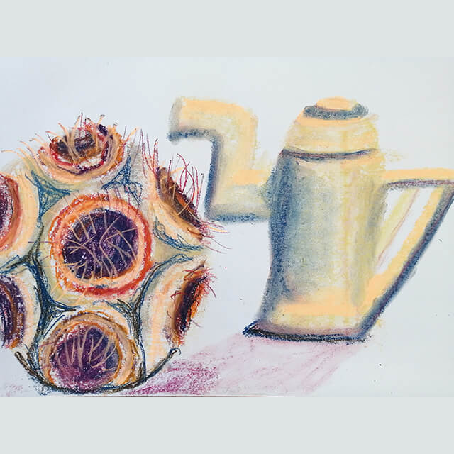 Liz Lancashire start with art drawing class - teapot and circular object