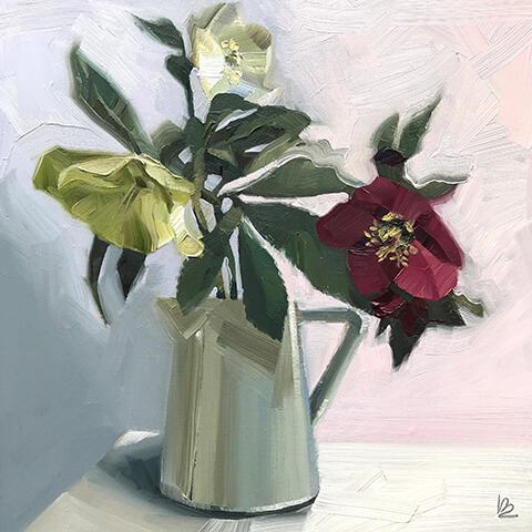 lucy burton red and cream spring flowers in jug