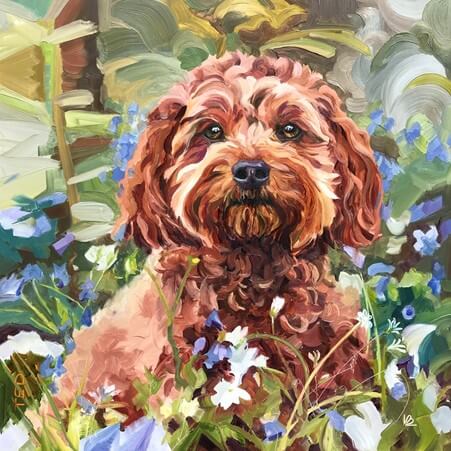 lucy burton pet portrait of brown fluffy dog called Ted sitting in flowers
