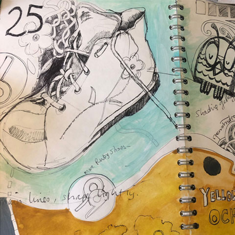 Lucy Inder sketchbook collage - ladies boots