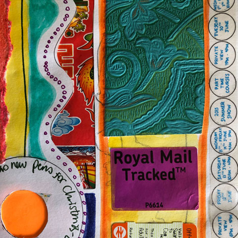Lucy Inder sketchbook collage - royal mail tracked label