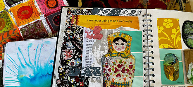 Lucy Inder sketchbook with russian doll collage - i'm never going to be a minimalist