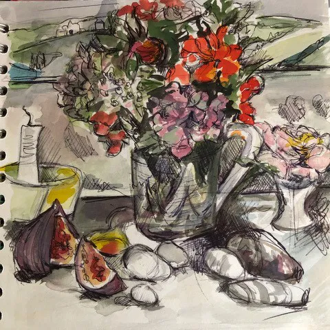Lucy Inder drawing class still life sketch flowers and figs
