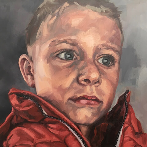 Mark Fennell - portrait of a young boy in red coat looking into the distance