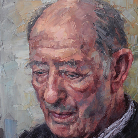 Mark Fennell oil portrait of a man with thin grey hair and bald head, looking downwards.
