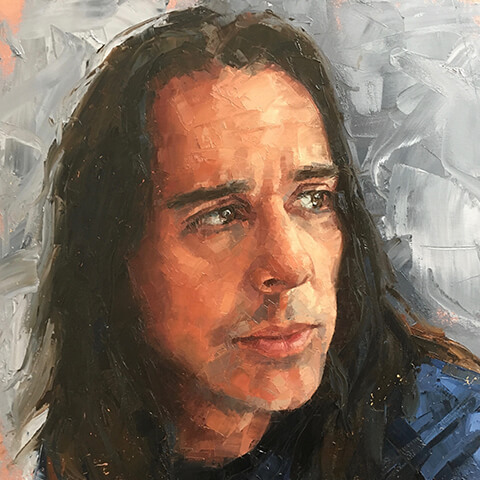 Mark Fennell oil portrait man with long dark hair looking sideways