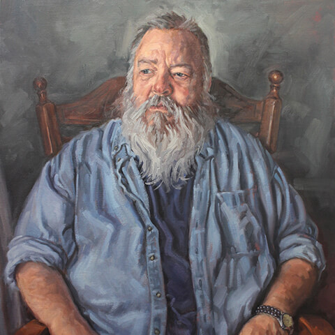 Mark Fennell - painting of a man with grey hair in a light blue shirt sitting in wooden chair