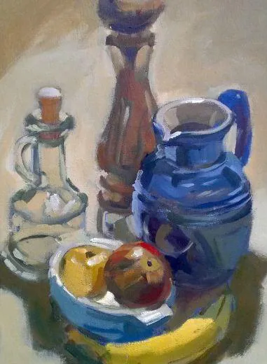 max hale oil painting still life with vase, jug, pepper grinder, banana, apples in bowl