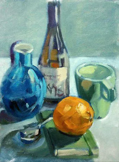 max hale oil painting still life with wine bottle, jug, mug, book, spoon and orange