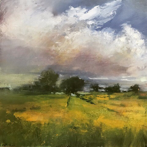 nicki heenan oil and cold wax painting workshop - landscape painting of green field, trees and clouds