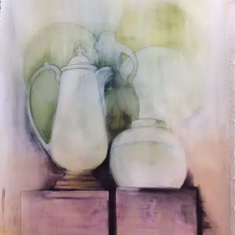 Paul Fowler gesso and powder pigment painting class jugs and pots