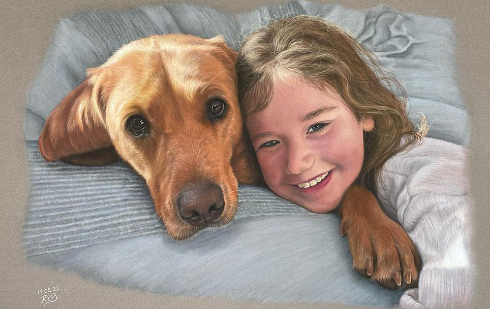 Rachael Kuczaj - pastel drawing of girl and labrador dog