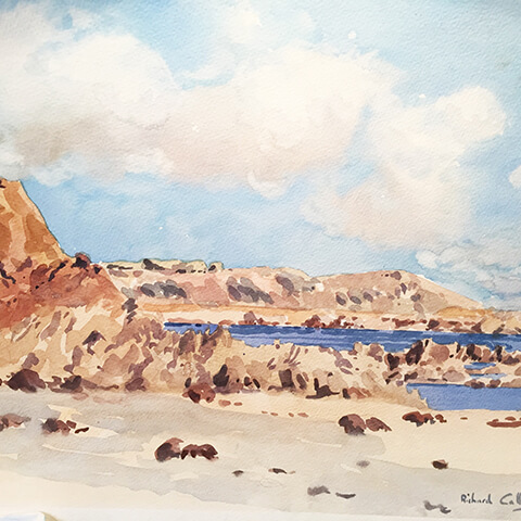 Richard Callingham - Beauport Jersey - en plein air watercolour painting of beach