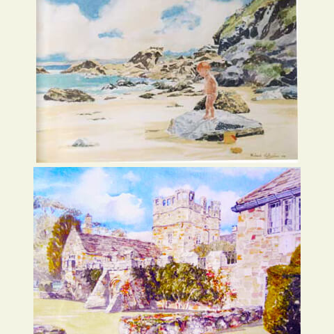 Richard Callingham - Watercolour painting of a cotswold church and a boy on a beach