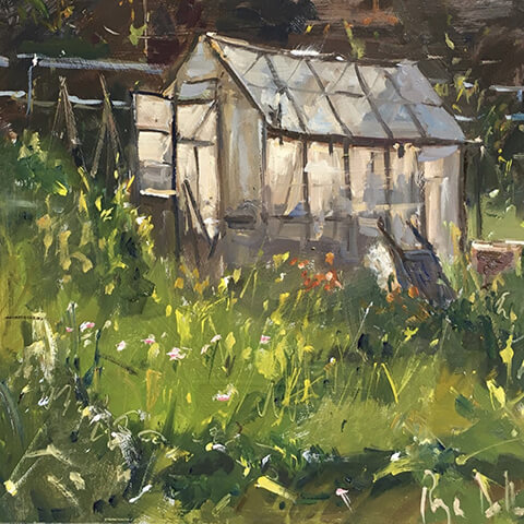 Roger Dellar painting greenhouse in overgrown garden