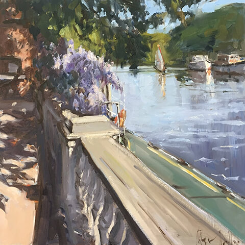 Roger Dellar painting of decorative wall next to river with boats