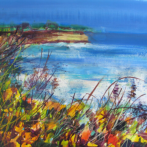 Soraya French - colourful coastal bay mixed media painting