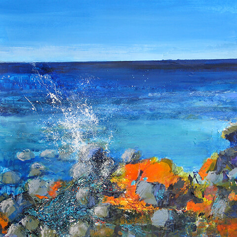 Soraya French - waves on rocks seascape mixed media painting
