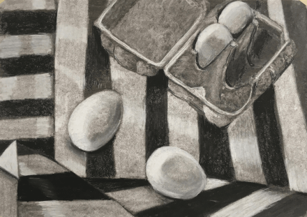 susan kester drawing class black and white sketch of striped cloth and eggs in an egg box