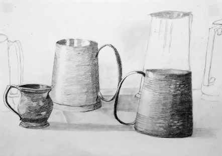 susan kester sketch of various jugs and tankards