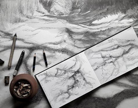wendy rhodes landscape water-soluble graphite drawing with equipment