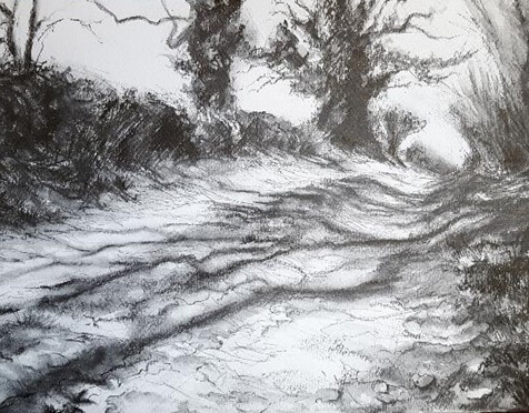 wendy rhodes landscape water-soluble graphite drawing country path