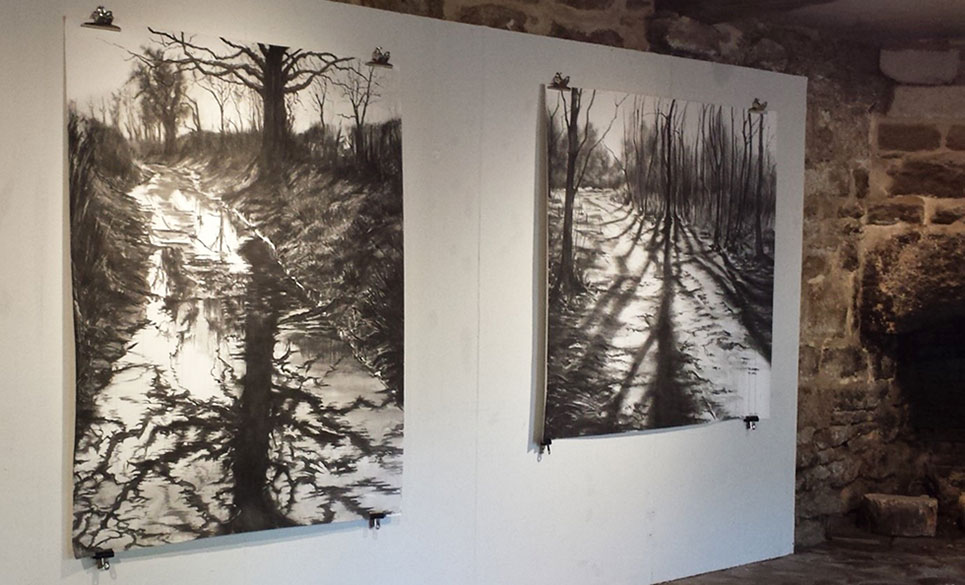 two large scale drawings of trees hanging on white wall